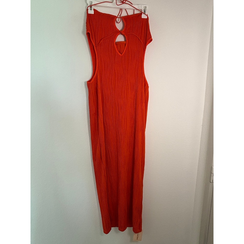 SHEINBAE Orange Wavy Plisse Halter Keyhole Cut Out Bodycon Maxi Dress Large NWT